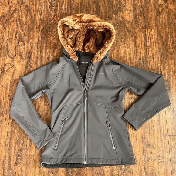 Marmot Jacket Womens‎ Medium Faux Fur Trim Hood Gray Fleece Lined Zipper Pockets - Picture 1 of 7